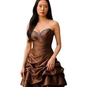 Aspeed Spaghetti Strap Cocktail Dress with Sequin Bead‎ Embellishments Brown XL
